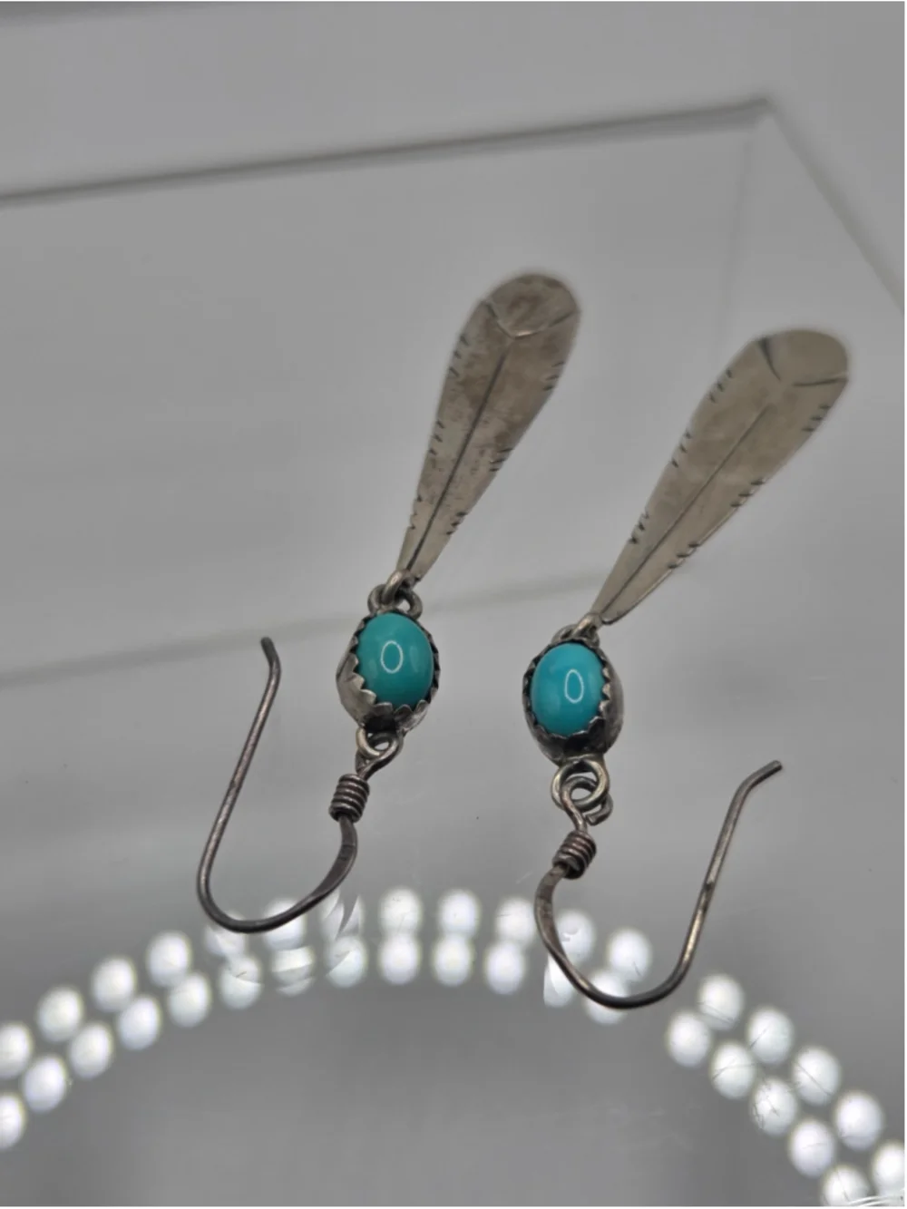 Vintage Sterling Silver Feather Turquoise Dangle Earrings